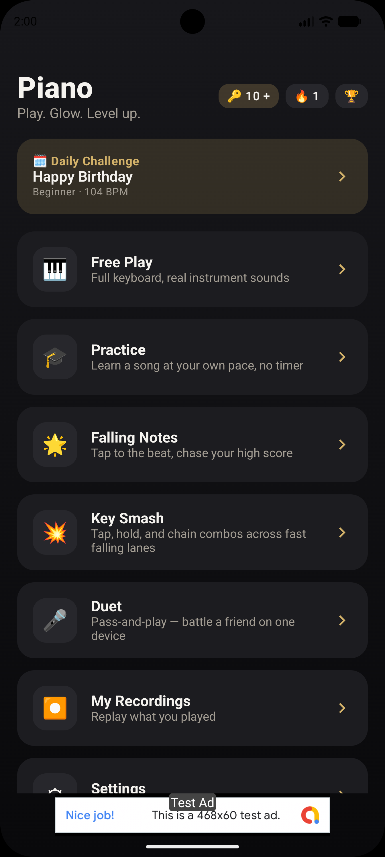 Piano app home screen with game modes