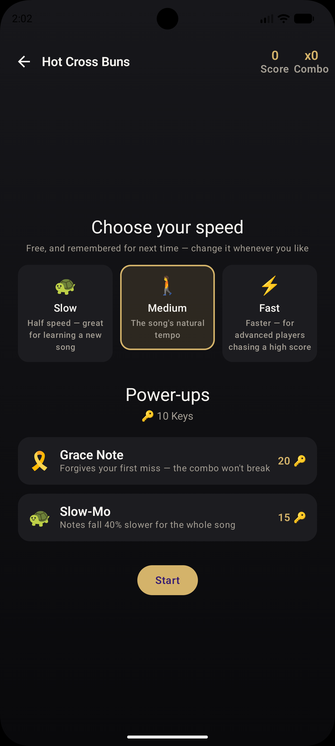 Piano choose your speed screen